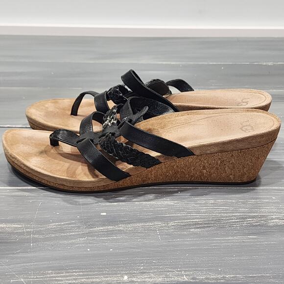 Ugg‎ Maddie Wedge Sandals Leather Cork Black Thongs Slip On Shoes Size 11 - Picture 6 of 11